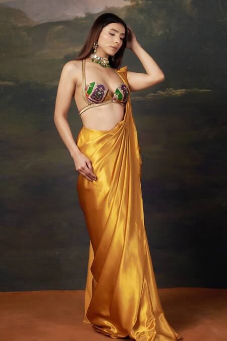 Buy_Thetaa_Yellow Silk, Polyester, Satin Bralette Blouse And Liquid Gold Pre-draped Saree Set _Online_at_Aza_Fashions