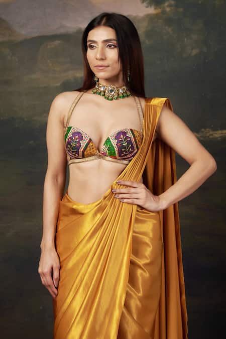 Shop_Thetaa_Yellow Silk, Polyester, Satin Bralette Blouse And Liquid Gold Pre-draped Saree Set _Online_at_Aza_Fashions