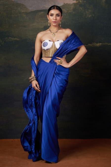 Buy_Thetaa_Blue Silk, Polyester Embroidery Sweetheart Hand Blouse And Pre-draped Saree Set _Online_at_Aza_Fashions