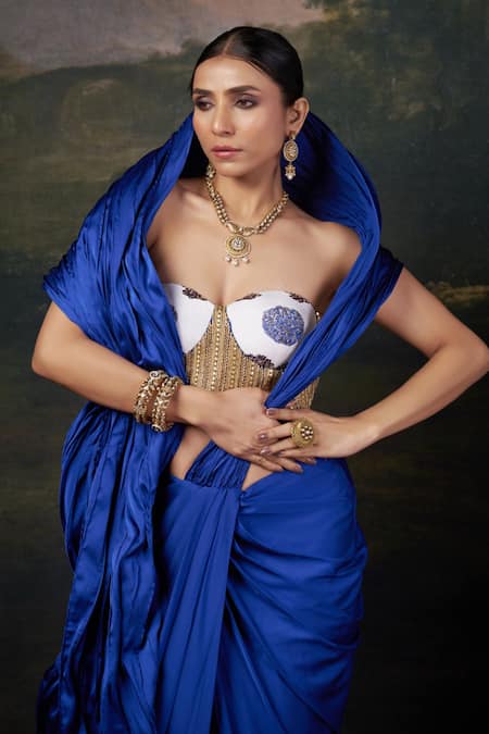 Shop_Thetaa_Blue Silk, Polyester Embroidery Sweetheart Hand Blouse And Pre-draped Saree Set _Online_at_Aza_Fashions