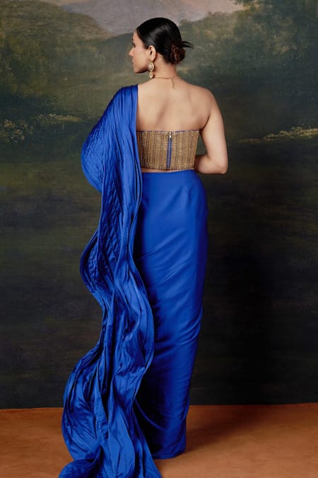 Shop_Thetaa_Blue Silk, Polyester Embroidery Sweetheart Hand Blouse And Pre-draped Saree Set _at_Aza_Fashions