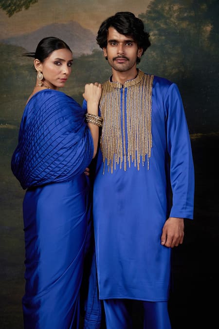 Buy_Thetaa_Blue Silk, Polyester Embroidery Sweetheart Hand Blouse And Pre-draped Saree Set 