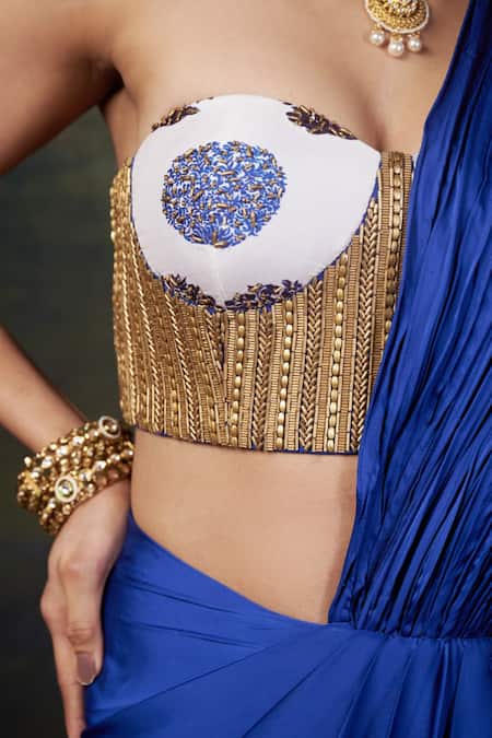 Shop_Thetaa_Blue Silk, Polyester Embroidery Sweetheart Hand Blouse And Pre-draped Saree Set 