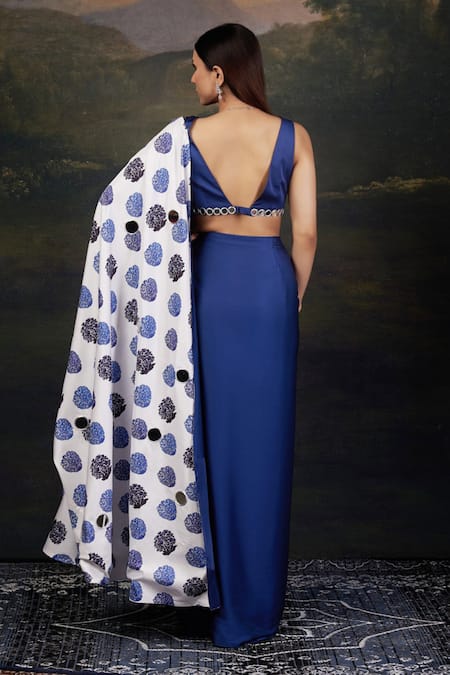 Shop_Thetaa_Blue Silk, Polyester Mirrors V-neck Work Blouse And Pre-draped Saree _at_Aza_Fashions