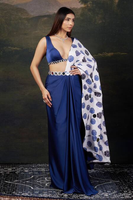Thetaa_Blue Silk, Polyester Mirrors V-neck Work Blouse And Pre-draped Saree _Online_at_Aza_Fashions