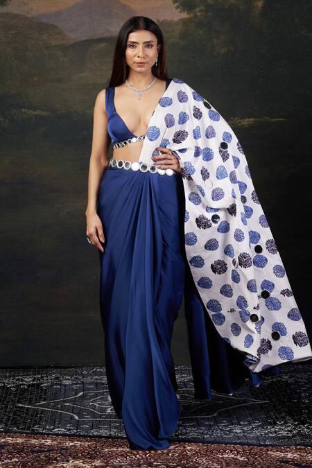 Buy_Thetaa_Blue Silk, Polyester Mirrors V-neck Work Blouse And Pre-draped Saree _Online_at_Aza_Fashions