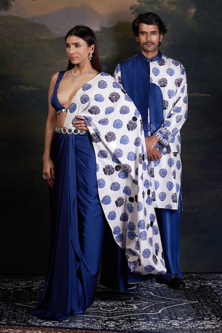 Shop_Thetaa_Blue Silk, Polyester Mirrors V-neck Work Blouse And Pre-draped Saree _Online_at_Aza_Fashions