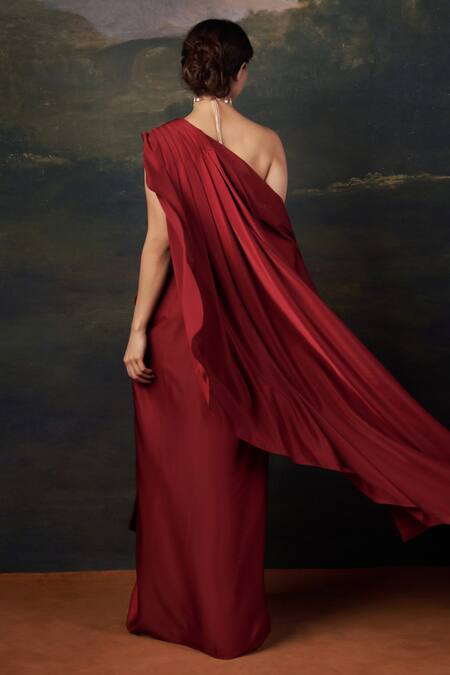 Shop_Thetaa_Red Silk, Polyester Embroidery Zardozi Corset Blouse And Pre-draped Saree Set _at_Aza_Fashions
