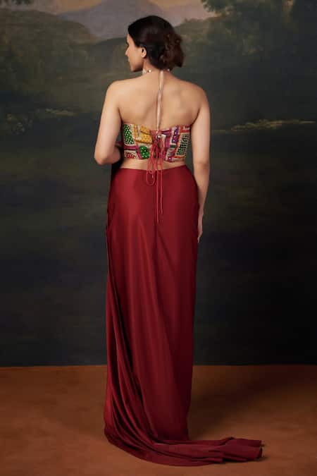 Thetaa_Red Silk, Polyester Embroidery Zardozi Corset Blouse And Pre-draped Saree Set _Online_at_Aza_Fashions