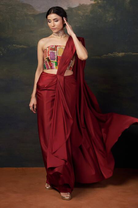 Buy_Thetaa_Red Silk, Polyester Embroidery Zardozi Corset Blouse And Pre-draped Saree Set _Online_at_Aza_Fashions