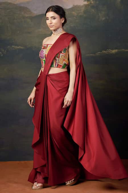 Shop_Thetaa_Red Silk, Polyester Embroidery Zardozi Corset Blouse And Pre-draped Saree Set _Online_at_Aza_Fashions