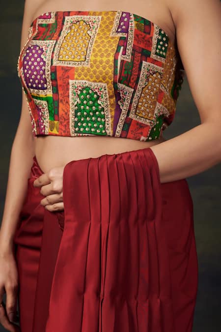 Thetaa_Red Silk, Polyester Embroidery Zardozi Corset Blouse And Pre-draped Saree Set _at_Aza_Fashions