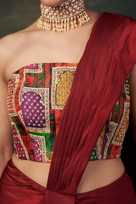 Buy_Thetaa_Red Silk, Polyester Embroidery Zardozi Corset Blouse And Pre-draped Saree Set 