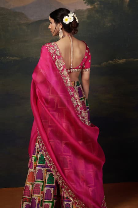 Shop_Thetaa_Pink , Organza, Satin Embroidery, Sequins, Zardosi Bridal Lehenga Set _at_Aza_Fashions