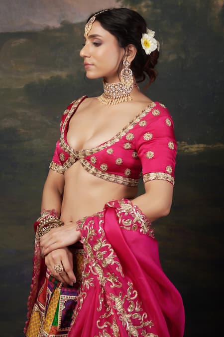 Thetaa_Pink , Organza, Satin Embroidery, Sequins, Zardosi Bridal Lehenga Set _Online_at_Aza_Fashions