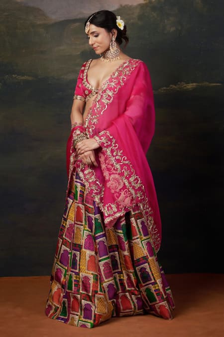Buy_Thetaa_Pink , Organza, Satin Embroidery, Sequins, Zardosi Bridal Lehenga Set _Online_at_Aza_Fashions
