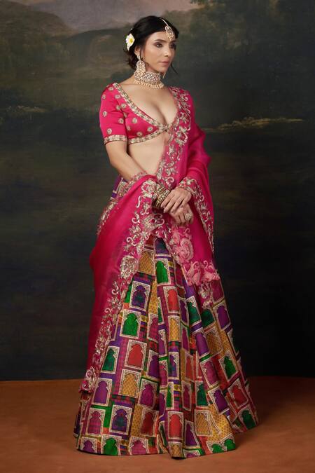 Shop_Thetaa_Pink , Organza, Satin Embroidery, Sequins, Zardosi Bridal Lehenga Set _Online_at_Aza_Fashions