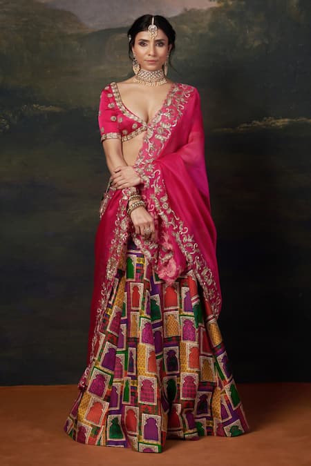 Thetaa_Pink , Organza, Satin Embroidery, Sequins, Zardosi Bridal Lehenga Set _at_Aza_Fashions