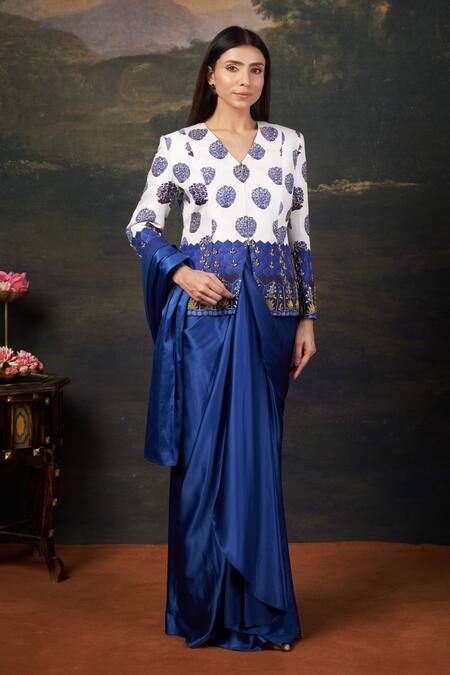 Thetaa_Multi Color Silk, Polyester, Satin Embroidery Hand Pre-draped Saree Set _Online_at_Aza_Fashions