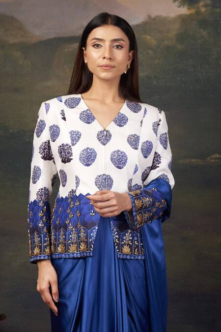 Buy_Thetaa_Multi Color Silk, Polyester, Satin Embroidery Hand Pre-draped Saree Set _Online_at_Aza_Fashions