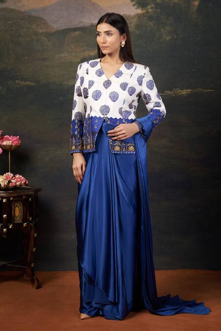 Shop_Thetaa_Multi Color Silk, Polyester, Satin Embroidery Hand Pre-draped Saree Set _Online_at_Aza_Fashions