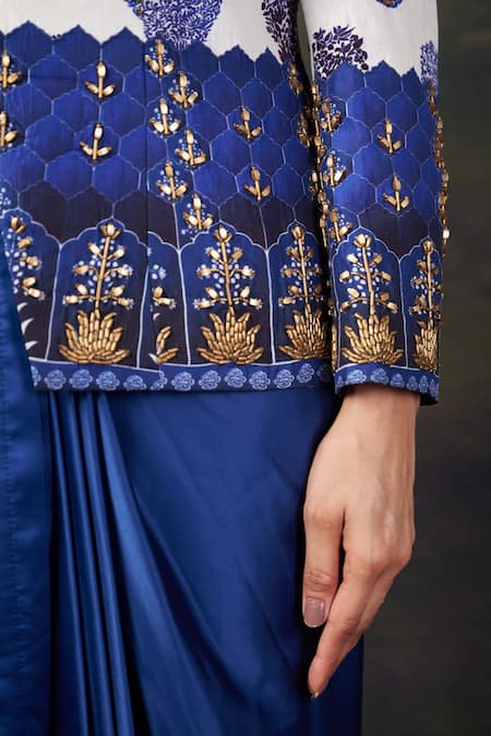 Thetaa_Multi Color Silk, Polyester, Satin Embroidery Hand Pre-draped Saree Set _at_Aza_Fashions