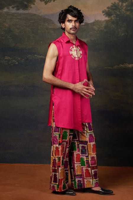Shop_Thetaa_Pink Silk, Viscose Embroidery Kurta Set _Online_at_Aza_Fashions