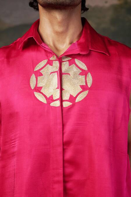 Thetaa_Pink Silk, Viscose Embroidery Kurta Set _at_Aza_Fashions