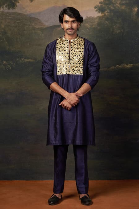Buy_Thetaa_Blue Silk Mirrors Heavy Work Kurta Set _Online_at_Aza_Fashions