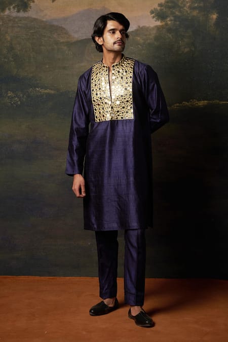 Shop_Thetaa_Blue Silk Mirrors Heavy Work Kurta Set _Online_at_Aza_Fashions