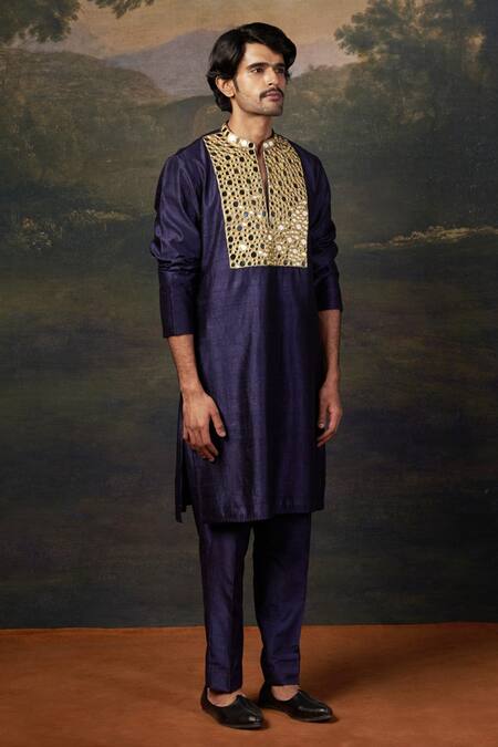 Thetaa_Blue Silk Mirrors Heavy Work Kurta Set _at_Aza_Fashions