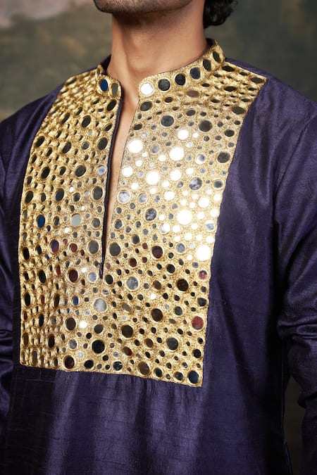 Shop_Thetaa_Blue Silk Mirrors Heavy Work Kurta Set 