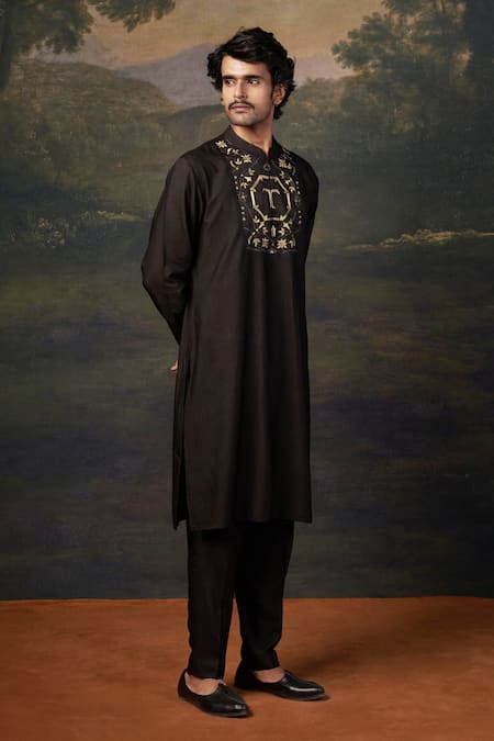 Shop_Thetaa_Black Cotton Embroidery Zari Hand Kurta Set _Online_at_Aza_Fashions