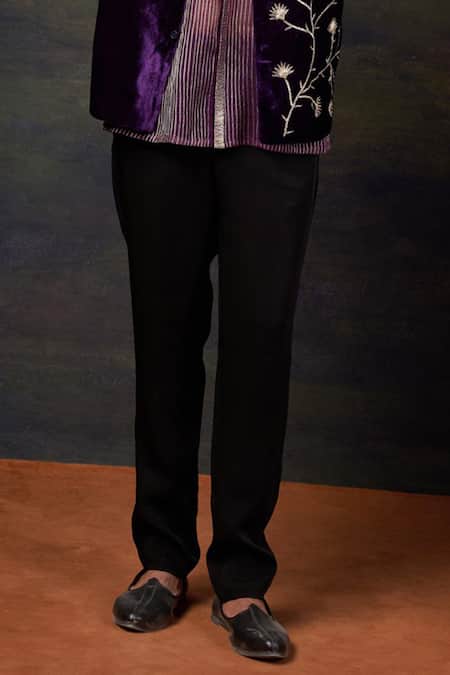 Thetaa_Purple Velvet, Silk, Organza, Satin, Polyester Embroidery Hand Nehru Jacket Set _Online_at_Aza_Fashions