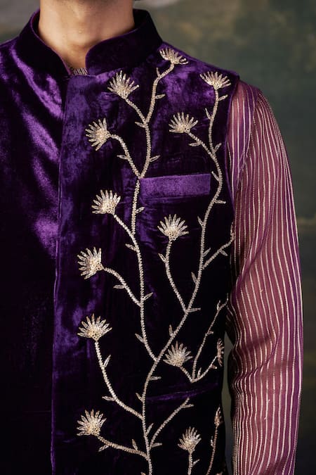 Buy_Thetaa_Purple Velvet, Silk, Organza, Satin, Polyester Embroidery Hand Nehru Jacket Set _Online_at_Aza_Fashions