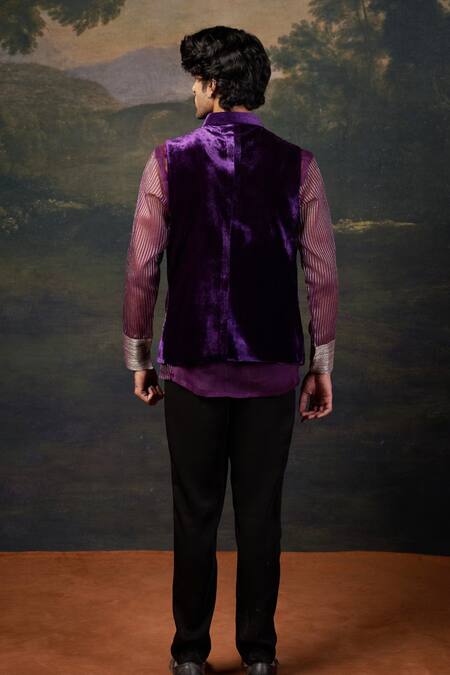 Shop_Thetaa_Purple Velvet, Silk, Organza, Satin, Polyester Embroidery Hand Nehru Jacket Set _at_Aza_Fashions
