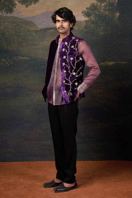 Shop_Thetaa_Purple Velvet, Silk, Organza, Satin, Polyester Embroidery Hand Nehru Jacket Set _Online_at_Aza_Fashions