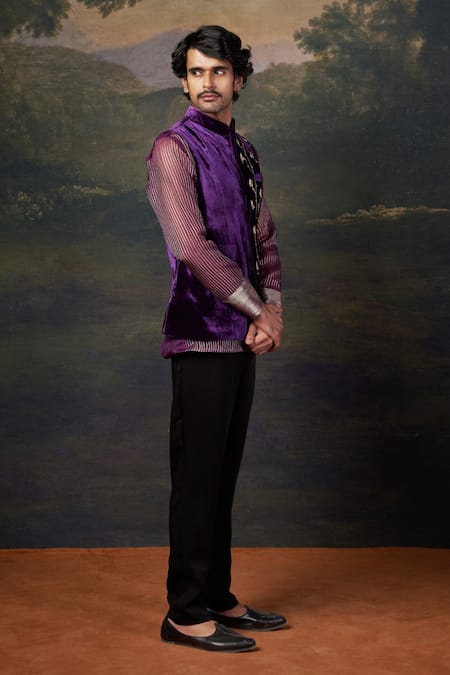 Thetaa_Purple Velvet, Silk, Organza, Satin, Polyester Embroidery Hand Nehru Jacket Set _at_Aza_Fashions