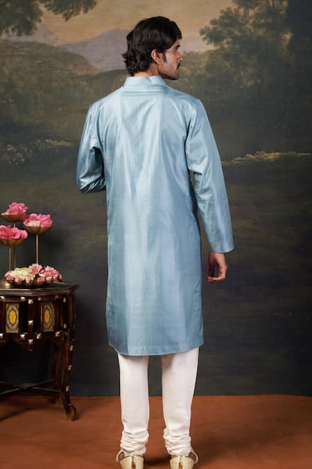 Shop_Thetaa_Blue Silk Embroidery Grey Hand Kurta Set _at_Aza_Fashions