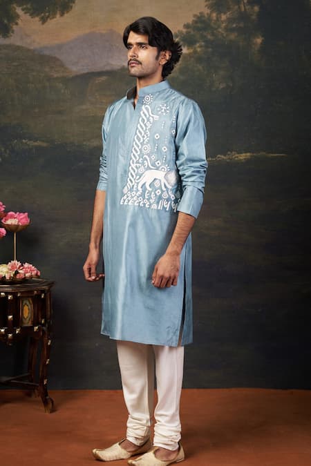 Thetaa_Blue Silk Embroidery Grey Hand Kurta Set _Online_at_Aza_Fashions