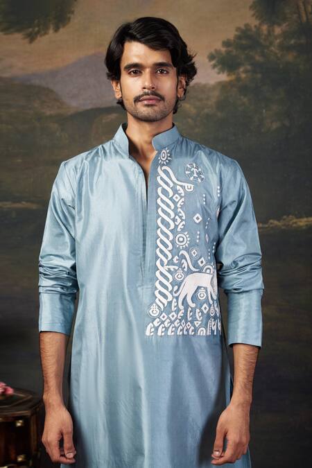 Shop_Thetaa_Blue Silk Embroidery Grey Hand Kurta Set _Online_at_Aza_Fashions