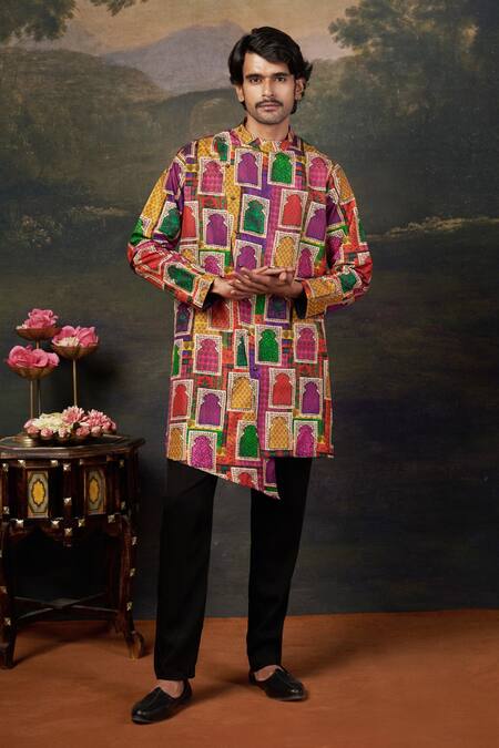 Shop_Thetaa_Black Silk, Polyester Asymmetrical Jharoka Print Kurta Set _at_Aza_Fashions