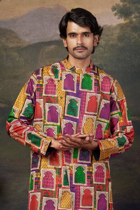 Buy_Thetaa_Black Silk, Polyester Asymmetrical Jharoka Print Kurta Set _Online_at_Aza_Fashions
