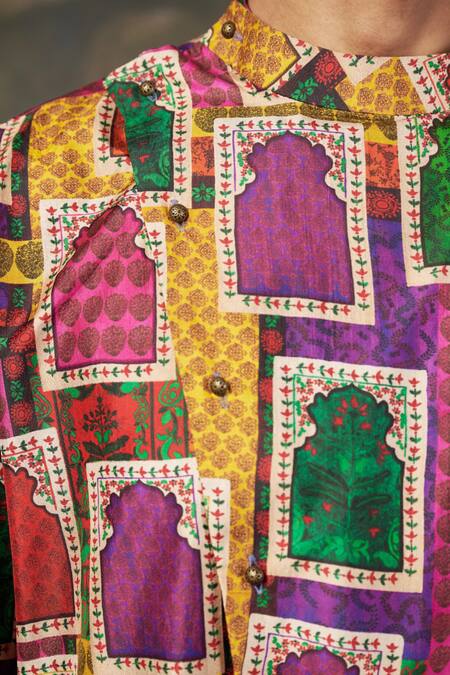 Shop_Thetaa_Black Silk, Polyester Asymmetrical Jharoka Print Kurta Set _Online_at_Aza_Fashions