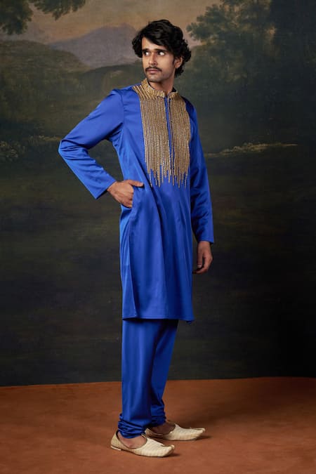 Thetaa_Blue Polyester, Satin Zari, Embroidery Kurta Set _Online_at_Aza_Fashions