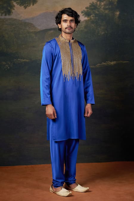 Buy_Thetaa_Blue Polyester, Satin Zari, Embroidery Kurta Set _Online_at_Aza_Fashions