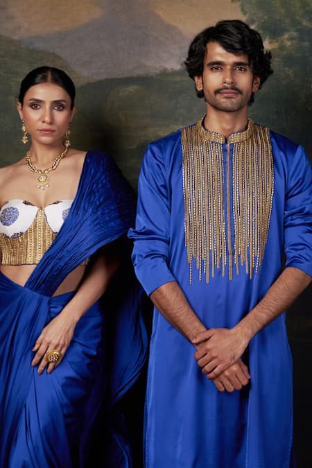 Shop_Thetaa_Blue Polyester, Satin Zari, Embroidery Kurta Set 