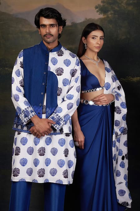 Shop Thetaa Blue Silk, Viscose, Satin Embroidery Neeli Buuti Printed Nehru Jacket Set Online at Aza Fashions Shop_Thetaa_Blue Silk, Viscose, Satin Embroidery Neeli Buuti Printed Nehru Jacket Set _Online_at_Aza_Fashions