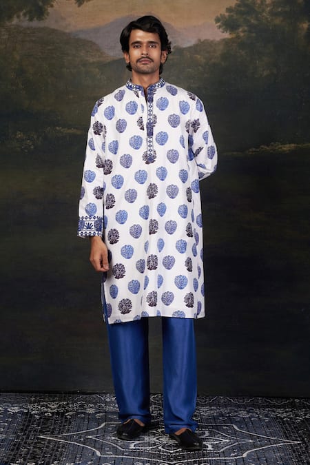 Thetaa Blue Silk, Viscose, Satin Embroidery Neeli Buuti Printed Nehru Jacket Set at Aza Fashions Thetaa_Blue Silk, Viscose, Satin Embroidery Neeli Buuti Printed Nehru Jacket Set _at_Aza_Fashions