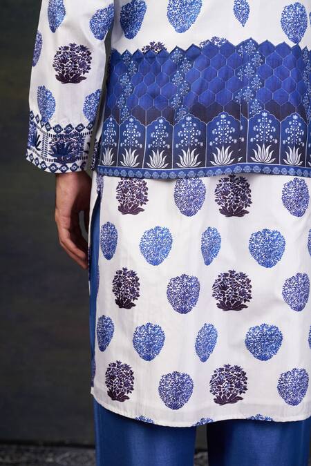 Buy Thetaa Blue Silk, Viscose, Satin Embroidery Neeli Buuti Printed Nehru Jacket Set Buy_Thetaa_Blue Silk, Viscose, Satin Embroidery Neeli Buuti Printed Nehru Jacket Set